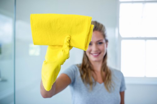 Professional domestic cleaner preparing a kitchen and bathroom in Hammersmith