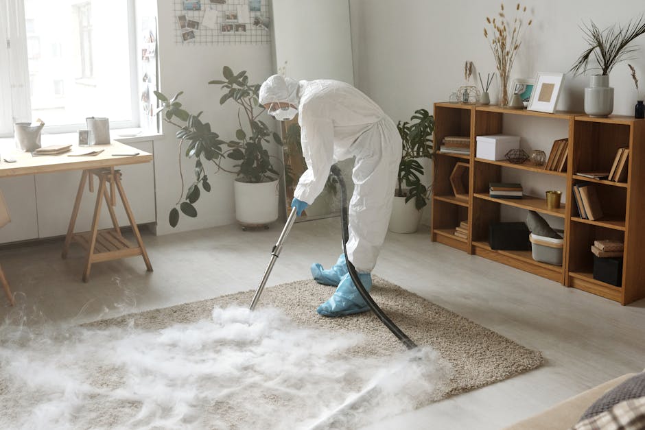 A professional cleaner from Cleaner Hammersmith dressed in a full white protective suit, blue gloves, and shoe covers is performing deep cleaning on a beige carpet in a bright, well-lit living room. The cleaner holds a vacuum hose connected to a cleaning machine, and steam or cleaning solution is visible on the carpet surface. The room features a large window with sheer white curtains, a wooden side table near the window, and a wooden bookshelf filled with books, decorative items, and framed photos. There are potted plants on the windowsill and next to the bookshelf, along with neatly arranged vases and picture frames on top. The overall appearance of the space is clean and tidy, highlighting effective surface cleaning and sanitisation practices typical of domestic cleaning services by Cleaner Hammersmith, focused on maintaining hygiene and freshness in residential settings.